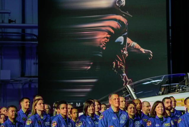 NASA&#39;s astronaut corps gathers as the agency announces that NASA astronauts Reid Wiseman, Victor Glover and Christina Koch and Canadian Space Agency astronaut Jeremy Hansen will fly around the moon as part of NASA&#39;s Artemis II mission on Saturday April 1, 2023 at Ellington Field in Houston.