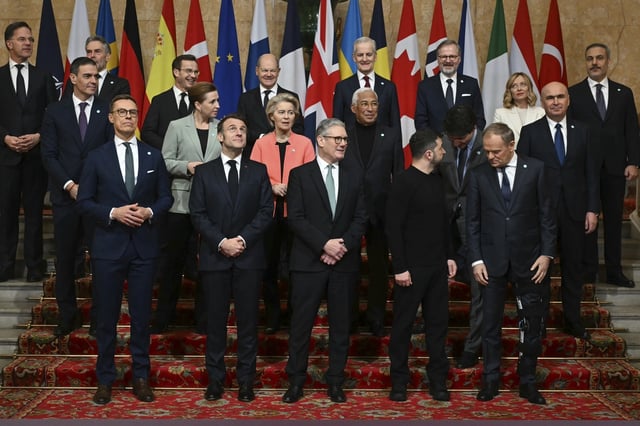 Britain&#39;s Prime Minister Keir Starmer, front center, hosts the European leaders&#39; summit to discuss Ukraine, at Lancaster House, London, Sunday March 2, 2025.