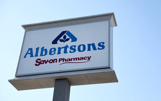 The Albertsons logo is displayed at an Albertsons supermarket on Aug. 26, 2024 in Los Angeles, California. A federal judge in Oregon is hearing arguments today after the Federal Trade Commission and several states sued to block the planned merger between grocery chains Kroger and Albertsons. (Photo by Mario Tama/Getty Images)