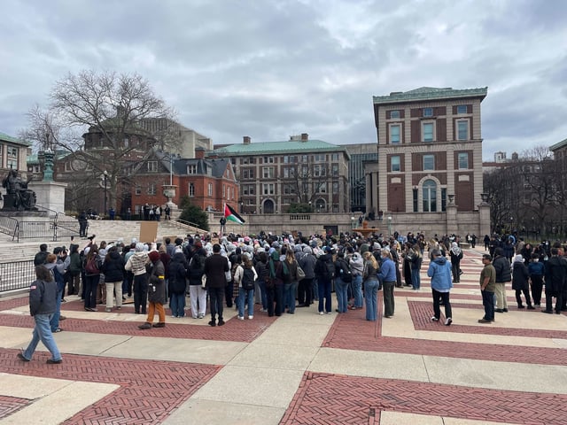 In an image provided by a Columbia University student, people are seen gathering for a protest on campus on March 6, 2025.