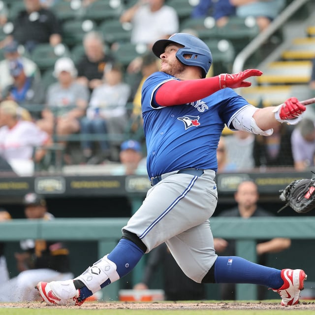 Mar 5, 2025; Bradenton, Florida, USA;  Toronto Blue Jays catcher Alejandro Kirk (30) hits a home run during the second inning against the Pittsburgh Pirates  at LECOM Park. Mandatory Credit: Kim Klement Neitzel-Imagn Images