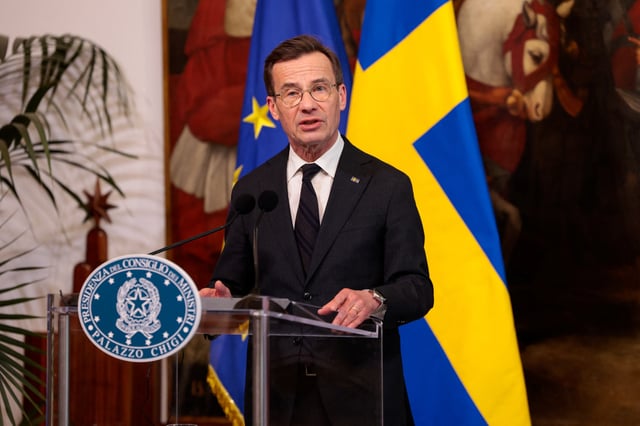 Swedish Prime Minister Ulf Kristersson speaks during a press conference with Italian Prime Minister Giorgia Meloni (not pictured), in Rome, Italy, February 26, 2025. REUTERS/Remo Casilli/File Photo
