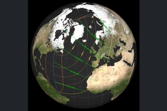 This NASA visualization, released in February, shows the shadow path for the upcoming partial eclipse, with yellow lines representing the extent of the eclipse and green lines representing its progress over time.