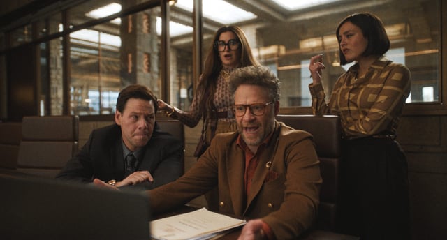 From left: Ike Barinholtz, Kathryn Hahn, Seth Rogen and Chase Sui Wonders in Apple's new comedy inspired by the movie industry, "The Studio.