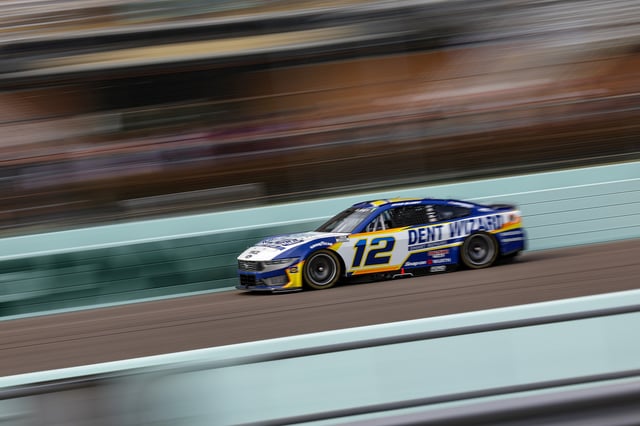 Ryan Blaney, driver of the #12 Dent Wizard Ford, drives during the NASCAR Cup Series Straight Talk Wireless 400 at Homestead-Miami Speedway on March 23, 2025 in Homestead, Florida.