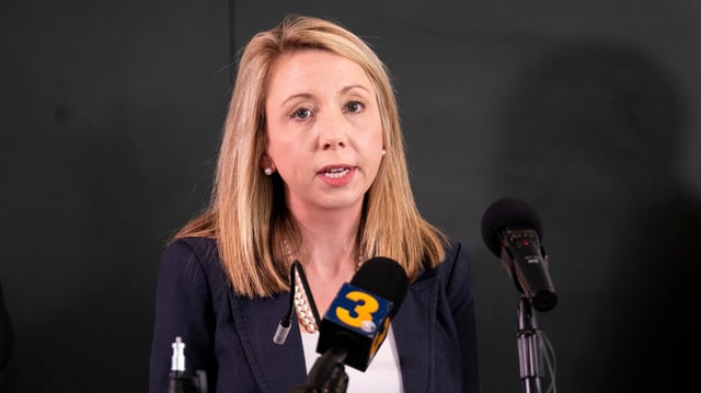 U.S. Attorney Jessica Aber speaks during a press conference in Norfolk, Virginia, on Aug. 9, 2023, announcing sentencing for two human trafficking cases in Hampton Roads.