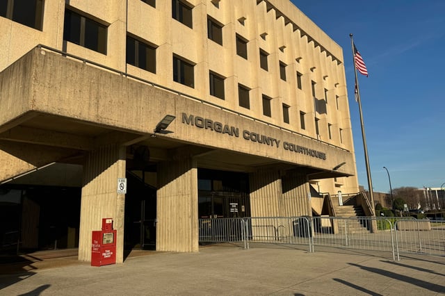 This photo taken in Decatur, Ala., Tuesday, March 25, 2025, shows the Alabama courthouse for a case of former Decatur police officer Mac Marquette's fatally shooting Steve Perkins in 2023. (AP Photo/Safiyah Riddle)