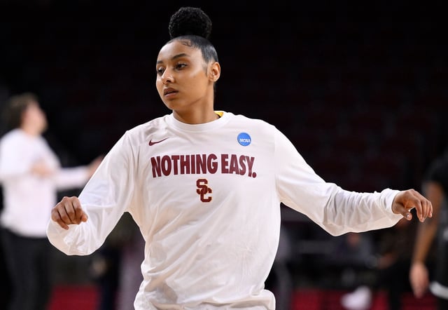 Mar 24, 2025; Los Angeles, California, USA; USC Trojans guard JuJu Watkins during pregame warmup before an NCAA Tournament second round game against the Mississippi State Bulldogs at Galen Center. Mandatory Credit: Robert Hanashiro-Imagn Images/File Photo