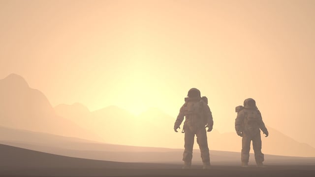 Astronauts trekking through the dusty Martian desert, with airborne particles swirling around.