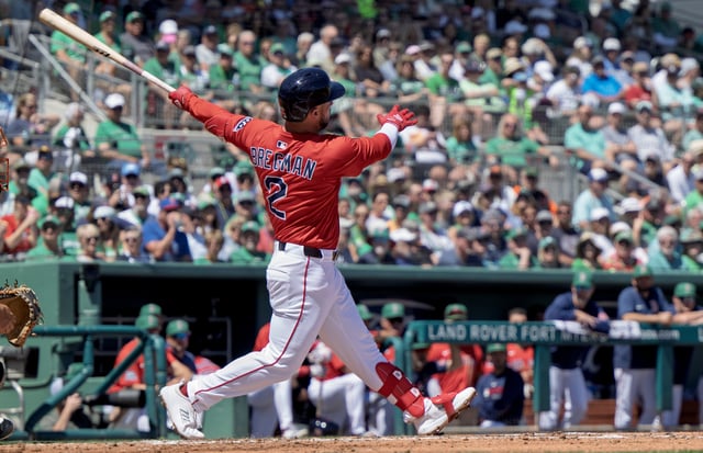 Mar 17, 2025; Fort Myers, Florida, USA; Boston Red Sox Alex Bregman (2) connects with the ball in the first inning against the Baltimore Orioles at JetBlue Park at Fenway South. Mandatory Credit: Chris Tilley-Imagn Images/File Photo