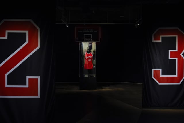 Michael Jordan's first game-worn Chicago Bulls jersey is displayed at Sotheby's, Friday, March 21, 2025, in New York, where they are set to be auctioned. (AP Photo/Julia Demaree Nikhinson)