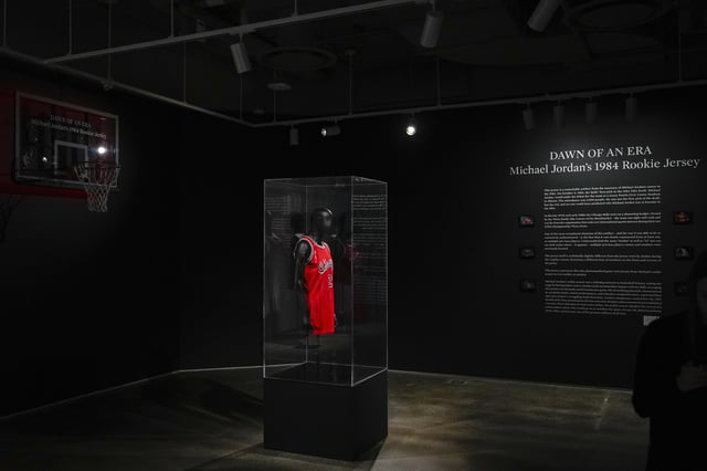 Michael Jordan's first game-worn Chicago Bulls jersey is displayed at Sotheby's, Friday, March 21, 2025, in New York, where they are set to be auctioned. (AP Photo/Julia Demaree Nikhinson)