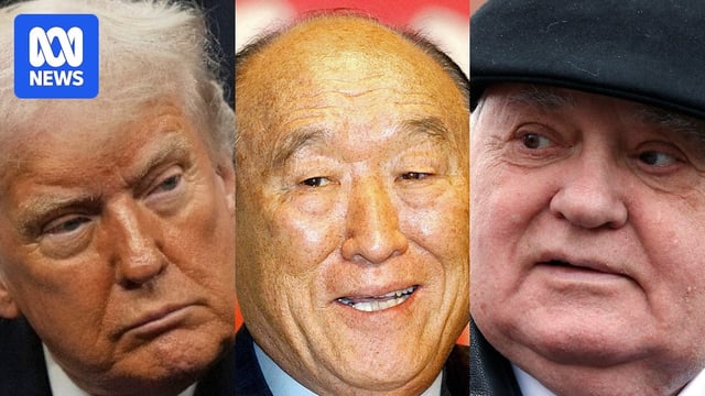 Headshot images of Donald Trump, Sun Myung Moon and Mikhail Gorbachev are side by side