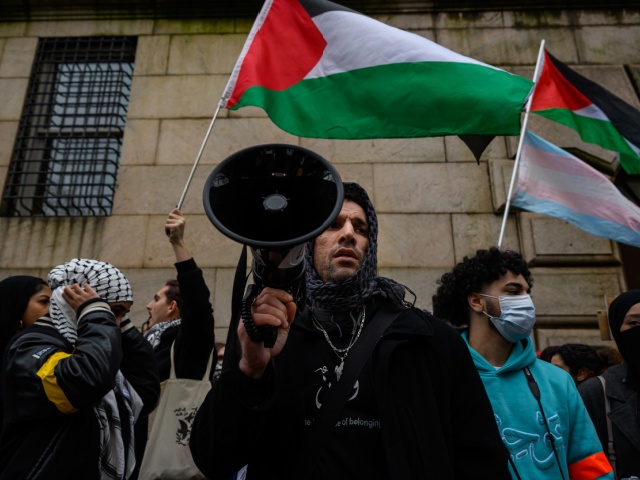 Protestors demonstrate near Columbia University on February 02, 2024 in New York City. The demonstrations were held in solidarity with Pro-Palestinian protesters that were allegedly attacked during a protest two weeks ago on the university campus. Pro-Palestinian University organizations alleged that two people attacked multiple protestors with 'skunk' stink-bomb during a January 19th protest on campus. Multiple arrests occurred following clashes between the NYPD and protestors as they marched around the exterior of the Columbia, and Barnard-Columbia, before being pushed down Broadway. (Photo by Alexi J. Rosenfeld/Getty Images)
