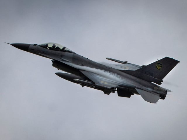 A Ukrainian Air Force F-16 fighter jet flies in an undisclosed location in Ukraine on August 4.