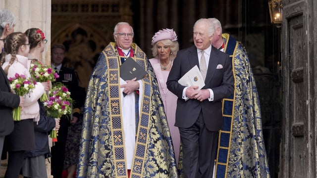 Britain's King Charles III and Queen Camilla leave after attending the annual Commonwealth Day Service of Celebration at Westminster Abbey, in London, Monday March 10, 2025. (Yui Mok/Pool Photo via AP)