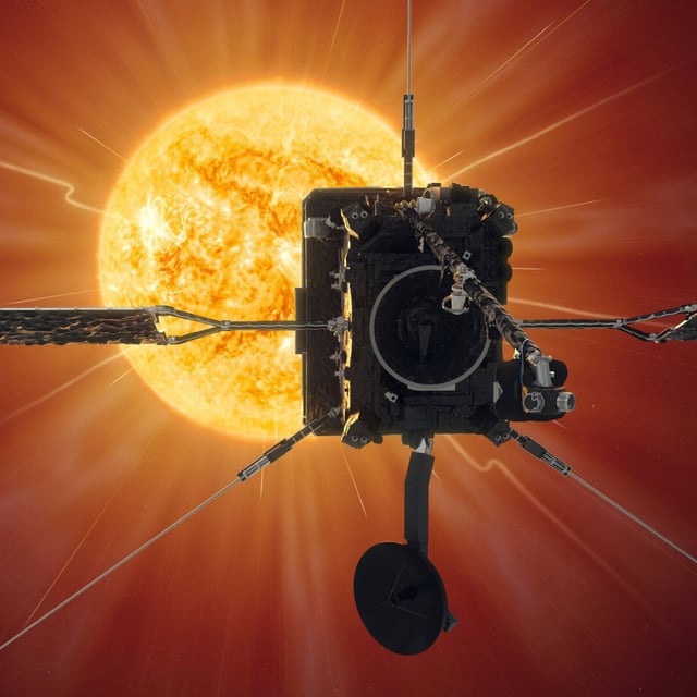 A conception of the European Space Agency's Solar Orbiter transiting the sun.