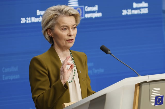 European Commission President Ursula von der Leyen addresses a media conference at the end of an EU summit in Brussels, Thursday, March 20, 2025.