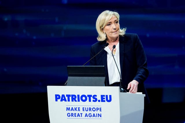 French far-right leader and member of parliament Marine Le Pen, President of the French far-right National Rally (Rassemblement National - RN) party parliamentary group speaks at a Spanish far-right party VOX rally, in Madrid, Spain, February 8, 2025. REUTERS/Ana Beltran/File Photo
