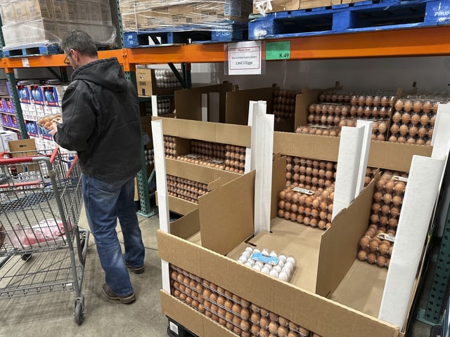 FILE - A consumer places a flat of eggs in a shopping cart in a Costco warehouse Tuesday, Feb. 18, 2025, in Sheridan, Colo. (AP Photo/David Zalubowski, File)