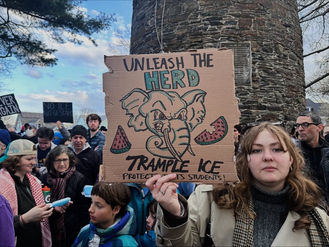 Hundreds of people gather on Wednesday, March 26, 2025 in Somerville, Mass. to demand the release of Rumeysa Ozturk, a Turkish student at Tufts University, who was arrested by federal agents Tuesday night. (AP Photo/Michael Casey)