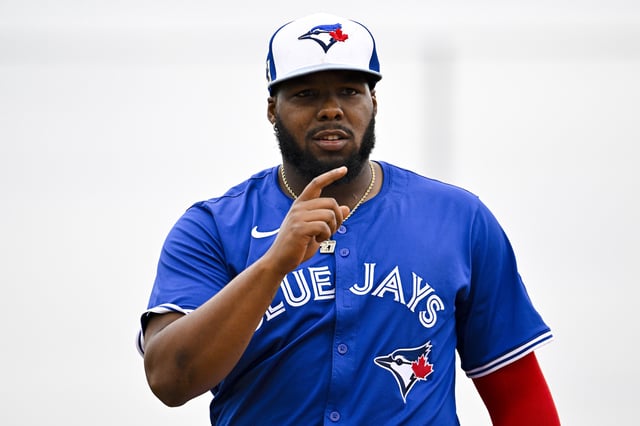 DUNEDIN, FLORIDA - MARCH 10: Vladimir Guerrero Jr #27 of the Toronto Blue Jays looks against the Houston Astros during a Grapefruit League spring training game at TD Ballpark on March 10, 2025 in Dunedin, Florida.