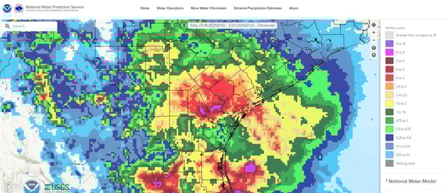 This map shows rainfall estimates between Wednesday morning and Thursday morning, according to the National Oceanic and Atmospheric Administration. The highest rainfall totals through Thursday morning have been between Corpus Christi and San Antonio, where 4 to 6 inches have fallen.