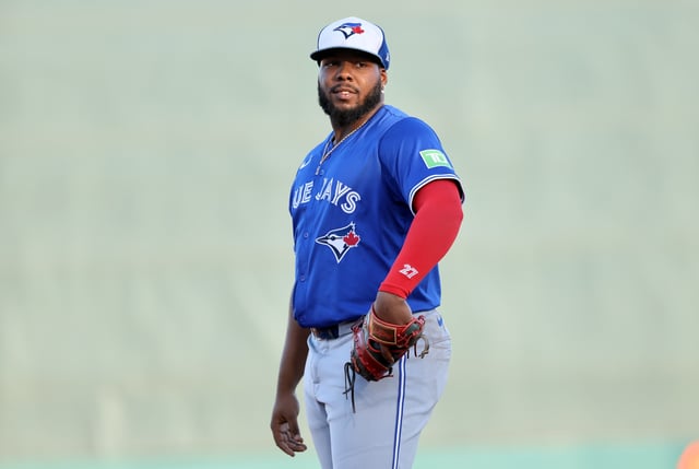 Mar 18, 2025; Sarasota, Florida, USA;  Toronto Blue Jays first base Vladimir Guerrero Jr. (27) looks on during the seocnd inning against the Baltimore Orioles at Ed Smith Stadium. Mandatory Credit: Kim Klement Neitzel-Imagn Images/File Photo