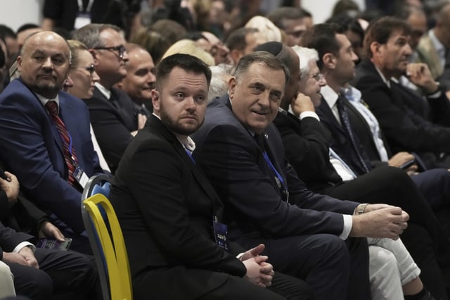 Bosnian Serb President Milorad Dodik, center, attends the International Conference on Combating Antisemitism, in Jerusalem, Thursday, March 27, 2025. (AP Photo/Leo Correa)