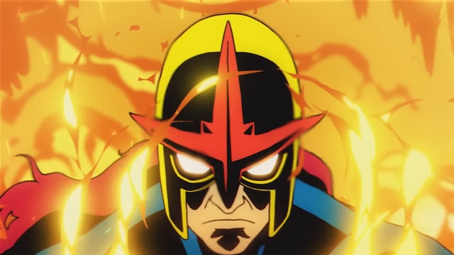 Nova, a hero from Marvel Comics, smolders at the camera while surrounded by flames.