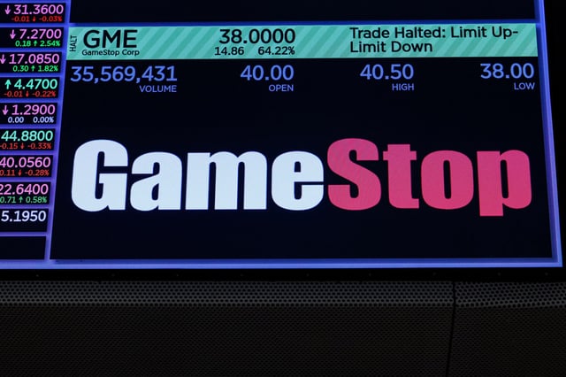 A screen displays GameStop stock trading information on the floor at the New York Stock Exchange (NYSE) in New York City, U.S., June 3, 2024.  REUTERS/Brendan McDermid/File Photo