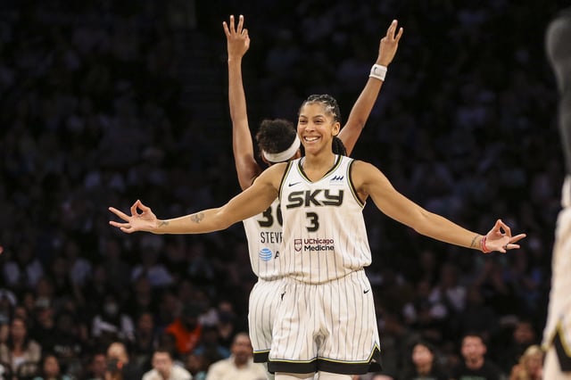 Aug 23, 2022; Brooklyn, New York, USA; Chicago Sky forward Candace Parker (3) celebrates in the fourth quarter against the New York Liberty at Barclays Center. Mandatory Credit: Wendell Cruz-USA TODAY Sports/File Photo