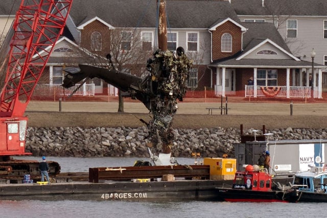 Salvage crews pull up part of a Black Hawk helicopter near the site in the Potomac River of a mid-air collision between an American Airlines jet and a Black Hawk helicopter at Ronald Reagan Washington National Airport on Feb. 6 in Arlington, Virginia. (AP/Jose Luis Magana)