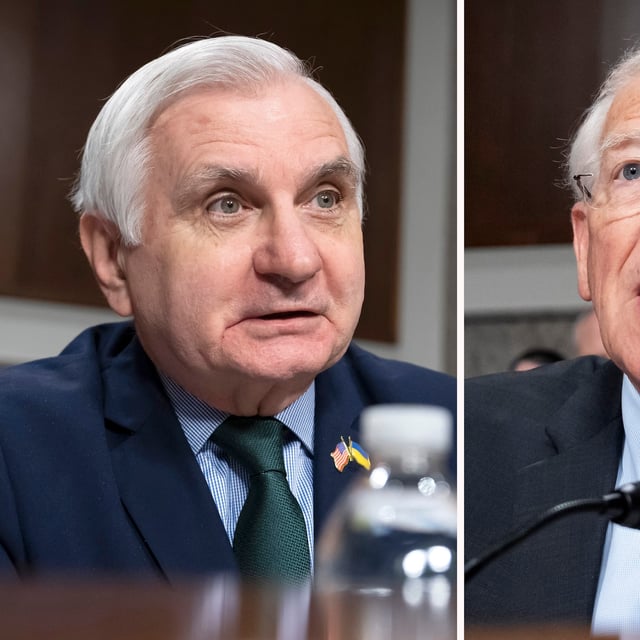 This combination of photos shows ranking member Jack Reed, D-R.I., left, and chairman Roger Wicker, R-Miss., speaking during a hearing on Capitol Hill in Washington, Feb. 25, 2025. (AP Photo)