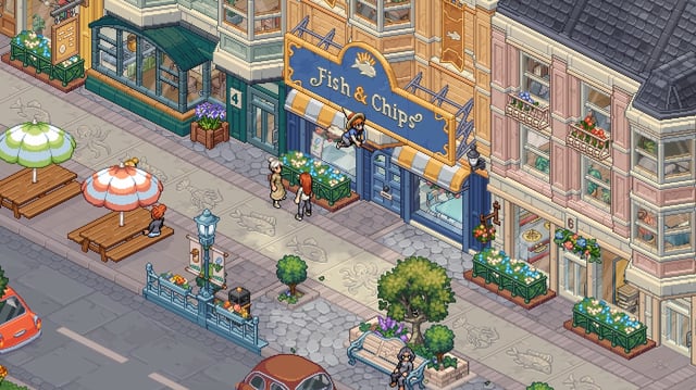 A witch riding a broom sails past a Fish and Chips shop.