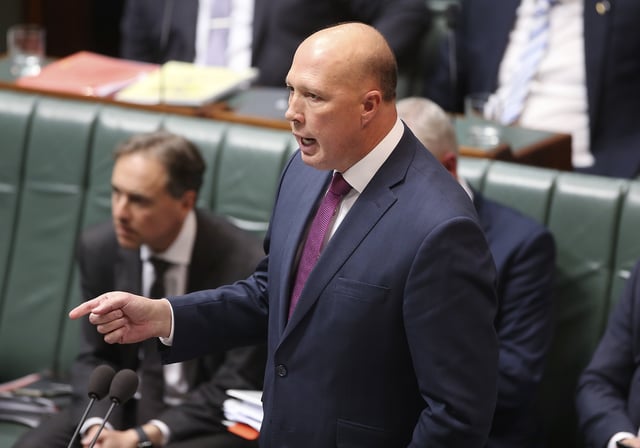 FILE - Australia's then Defense Minister Peter Dutton addresses Parliament House in Canberra, July 24, 2019. (AP Photo/Rod McGuirk, File)