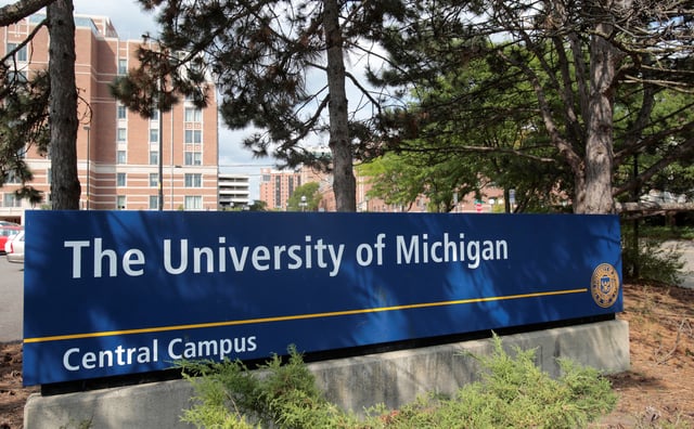 A sign for the University of Michigan campus is seen in Ann Arbor, Michigan, U.S., September 19, 2018.  Picture taken September 19, 2018.   REUTERS/Rebecca Cook/File photo