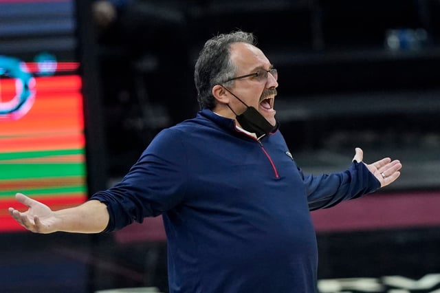 FILE - New Orleans Pelicans head coach Stan Van Gundy reacts in the second half of an NBA basketball game against the Cleveland Cavaliers in Cleveland, in this Sunday, April 11, 2021, file photo. Stan Van Gundy is out as Pelicans coach following just one season at the helm, a person familiar with the situation said. The person spoke to The Associated Press on condition of anonymity Wednesday, June 16, 2021, because the move has not been publicly announced. (AP Photo/Tony Dejak, File)