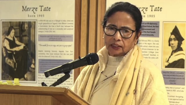 Mamata Banerjee delivers a keynote address on social development, girl child, and women empowerment in West Bengal at Kellogg College, University of Oxford.