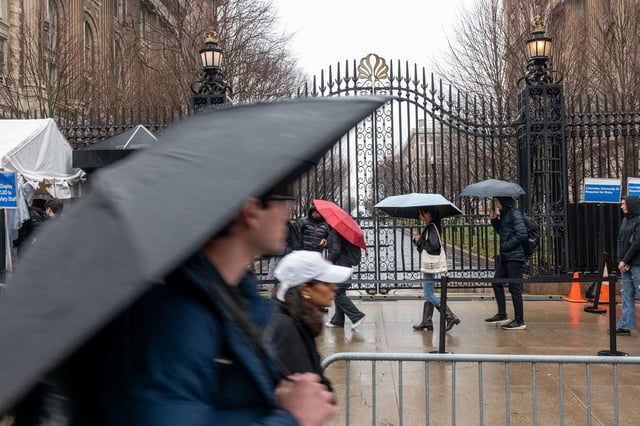 Students wait in long security lines outside of Columbia University as demonstrators rallied in support of Palestine on March 24, 2025.