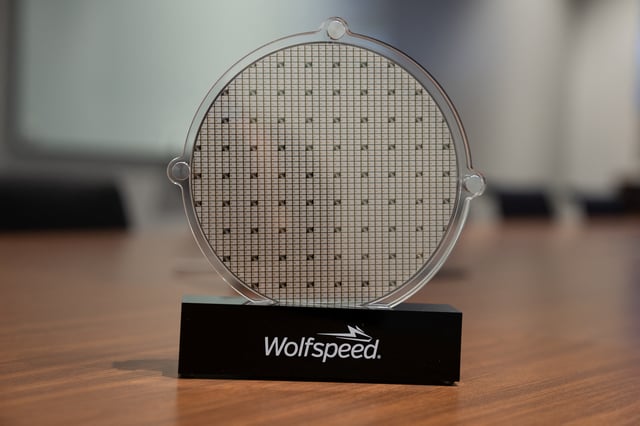 U.S. power chip maker Wolfspeed’s silicon carbide 200mm wafer is seen on display at Wolfspeed’s Mohawk Valley Fab in Marcy, New York, U.S., April 2022.Courtesy of Wolfspeed/Handout via REUTERS/File Photo