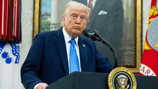 US President Donald Trump speaks during a swearing in ceremony for Alina Habba as US Attorney General for New Jersey.