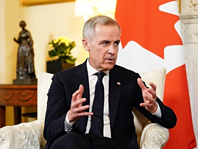LONDON, ENGLAND - MARCH 17: Prime Minister of Canada, Mark Carney speaks during a bilateral meeting with Britain's Prime Minister Keir Starmer (not pictured), at 10 Downing Street on March 17, 2025 in London, England. Former Governor of the Bank Of England Mark Carney was sworn in as Canada's new Prime Minister last week after Justin Trudeau stepped down after nine years in power. (Photo by Jordan Pettitt - WPA Pool/Getty Images)