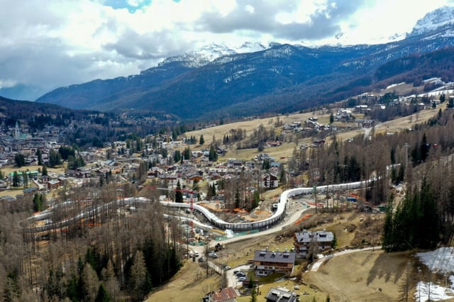An aerial view of Cortina's Olympic bobsleigh slope on Friday