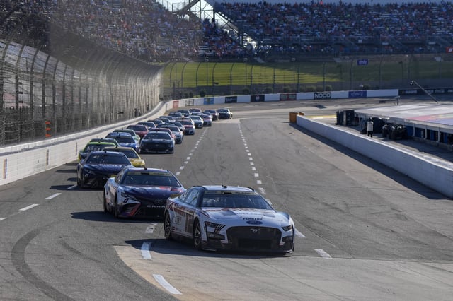 Oct 29, 2023; Martinsville, Virginia, USA; NASCAR Cup Series driver Ryan Blaney (12) leads the pack during the NASCAR Xfinity 500 at Martinsville Speedway. Mandatory Credit: David Yeazell-USA TODAY Sports/File Photo