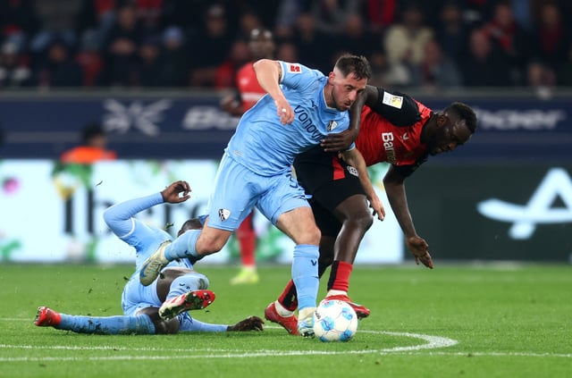 Soccer Football - Bundesliga - Bayer Leverkusen v VfL Bochum - BayArena, Leverkusen, Germany - March 28, 2025 VfL Bochum's Maximilian Wittek in action with Bayer Leverkusen's Victor Boniface REUTERS/Leon Kuegeler