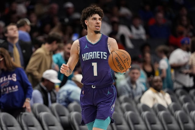 Mar 20, 2025; Charlotte, North Carolina, USA; Charlotte Hornets guard LaMelo Ball (1) brings the ball up court against the New York Knicks during the second half at Spectrum Center. Mandatory Credit: Jim Dedmon-Imagn Images/File Photo