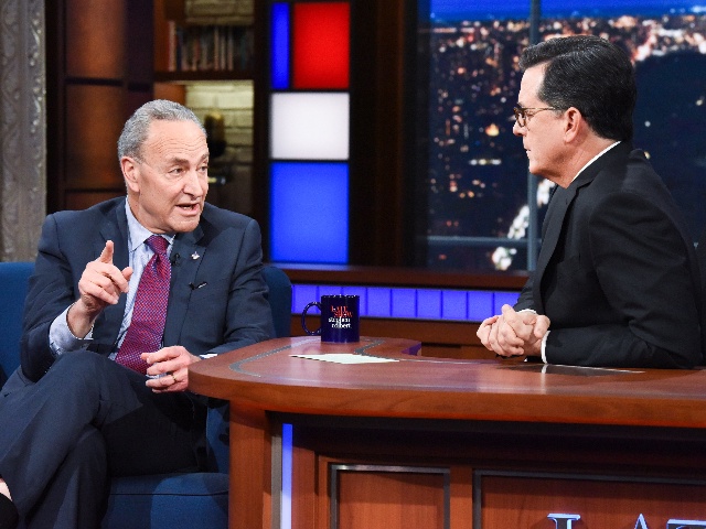 NEW YORK - JANUARY 15: The Late Show with Stephen Colbert and guest Sen. Chuck Schumer during Monday's January 15, 2018 show. (Photo by Scott Kowalchyk/CBS via Getty Images)