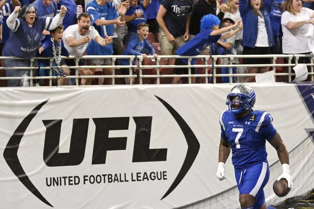 Pita Taumoepenu #7 of the St. Louis Battlehawks celebrates a fumble recovery for a touchdown against the San Antonio Brahmas during the third quarter of the XFL Conference Championship Game at The Dome at America’s Center on June 09, 2024 in St Louis, Missouri.