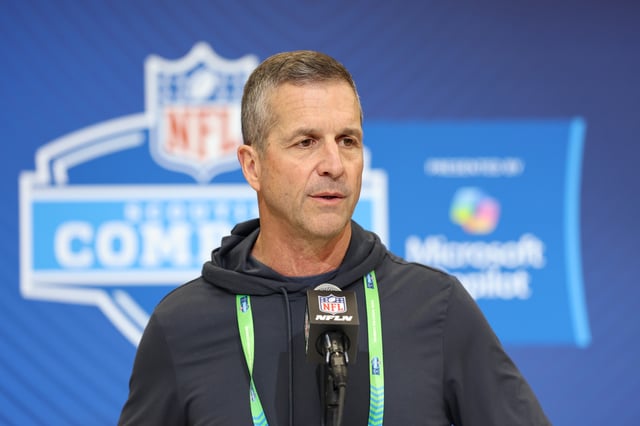 Head coach John Harbaugh of the Baltimore Ravens speaks to the media during the NFL Scouting Combine at the Indiana Convention Center on February 25, 2025 in Indianapolis, Indiana.